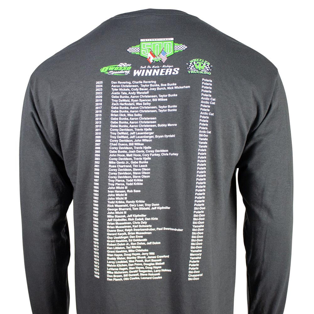 Close up of a grey long-sleeve shirt with a list of the snowmobile race winners on the back.