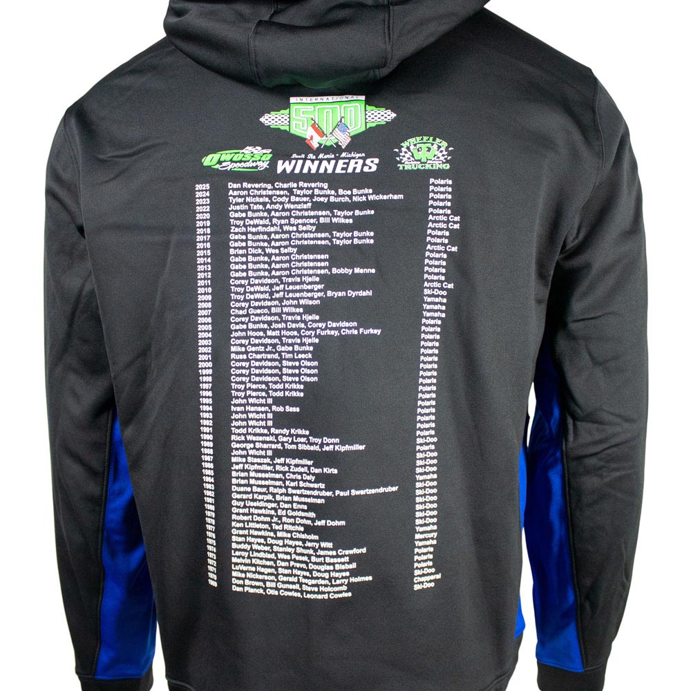 Close up of the back of a black performance hoodie with royal blue accents and the I-500 snowmobile race winners listed.