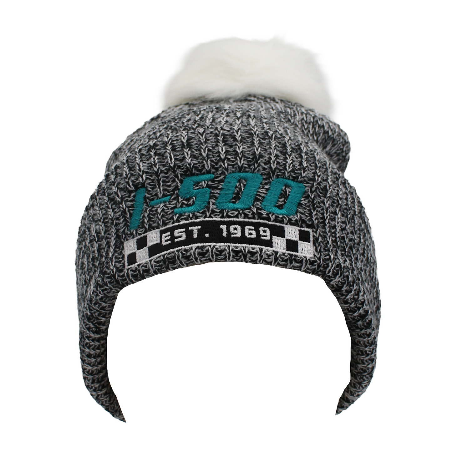Black and white heather knit beanie with white pom-pom and teal blue I-500 branding on the cuff.