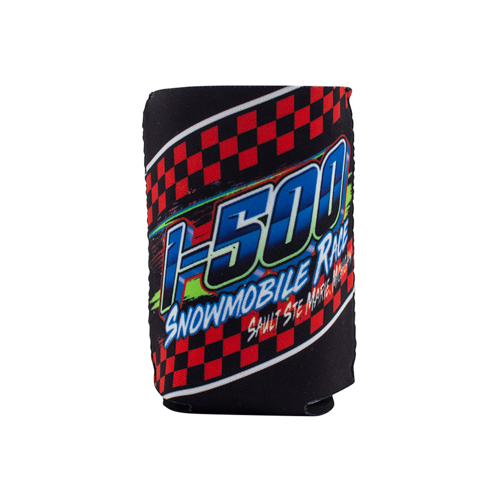 Neoprene sleeve with red and black checkered pattern and I-500 Snowmobile Race logo.
