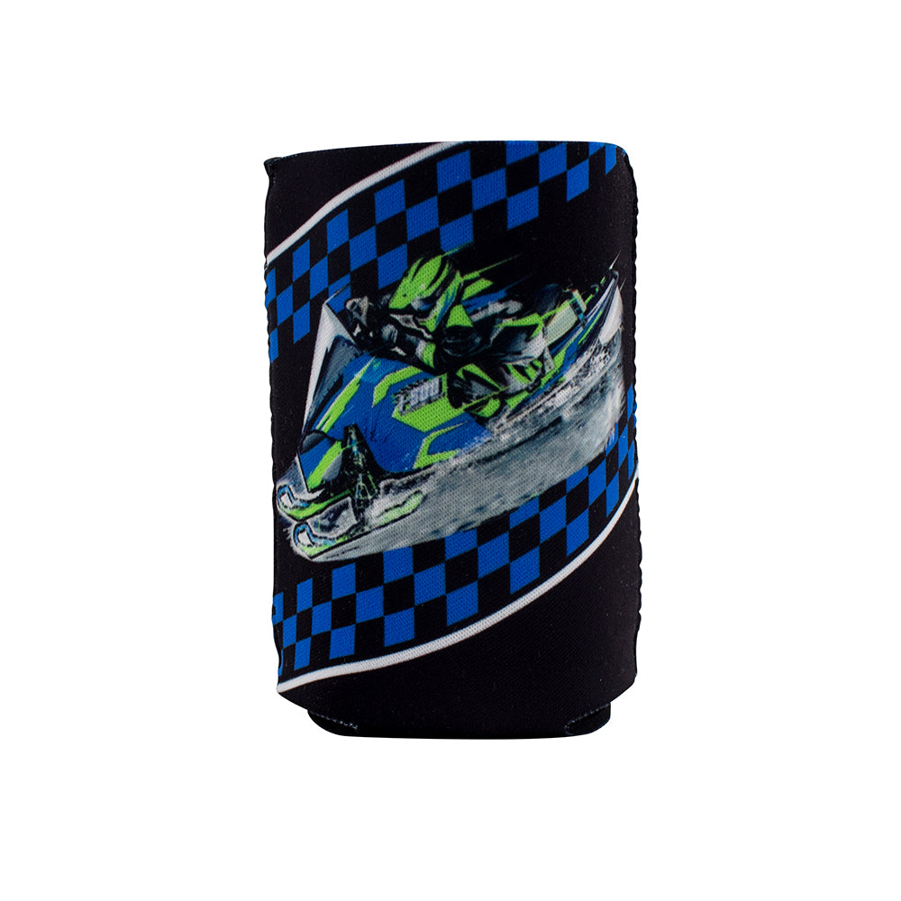 Neoprene sleeve with black and blue checkered pattern and snowmobile design.