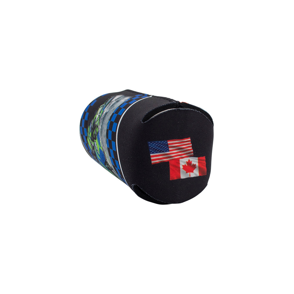 Bottom of a black drink coozie with American and Canadian flags printed on it.