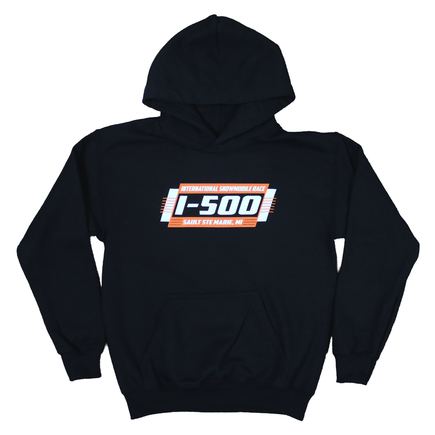 A small black hoodie with an orange and white I-500 logo on the chest.