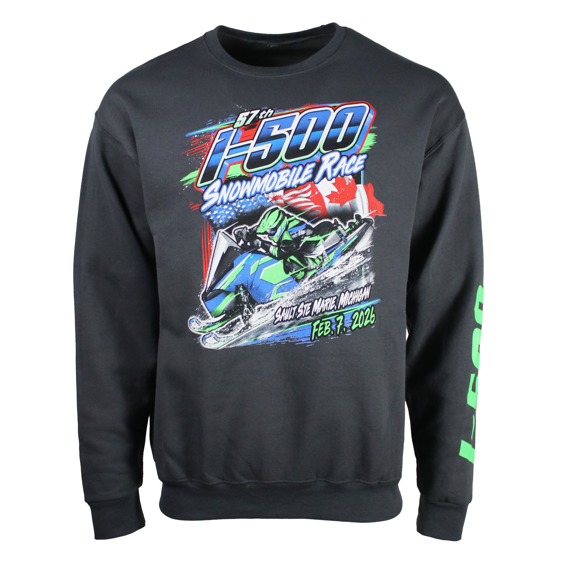 Dark grey crewneck sweatshirt with a snowmobile race graphic on the front with the text 'I-500 snowmobile Race, Sault Ste. Marie, Michigan, February 7th, 2026'.