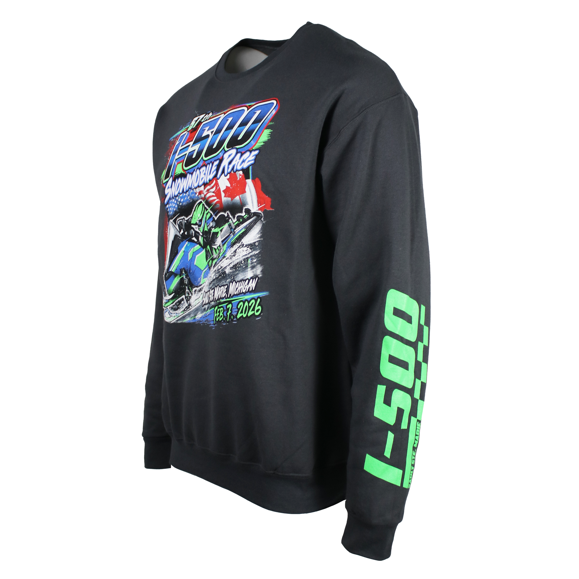 Side of a dark grey crewneck sweatshirt with a snowmobile race graphic on the front and a green I-500 logo on the sleeve. 