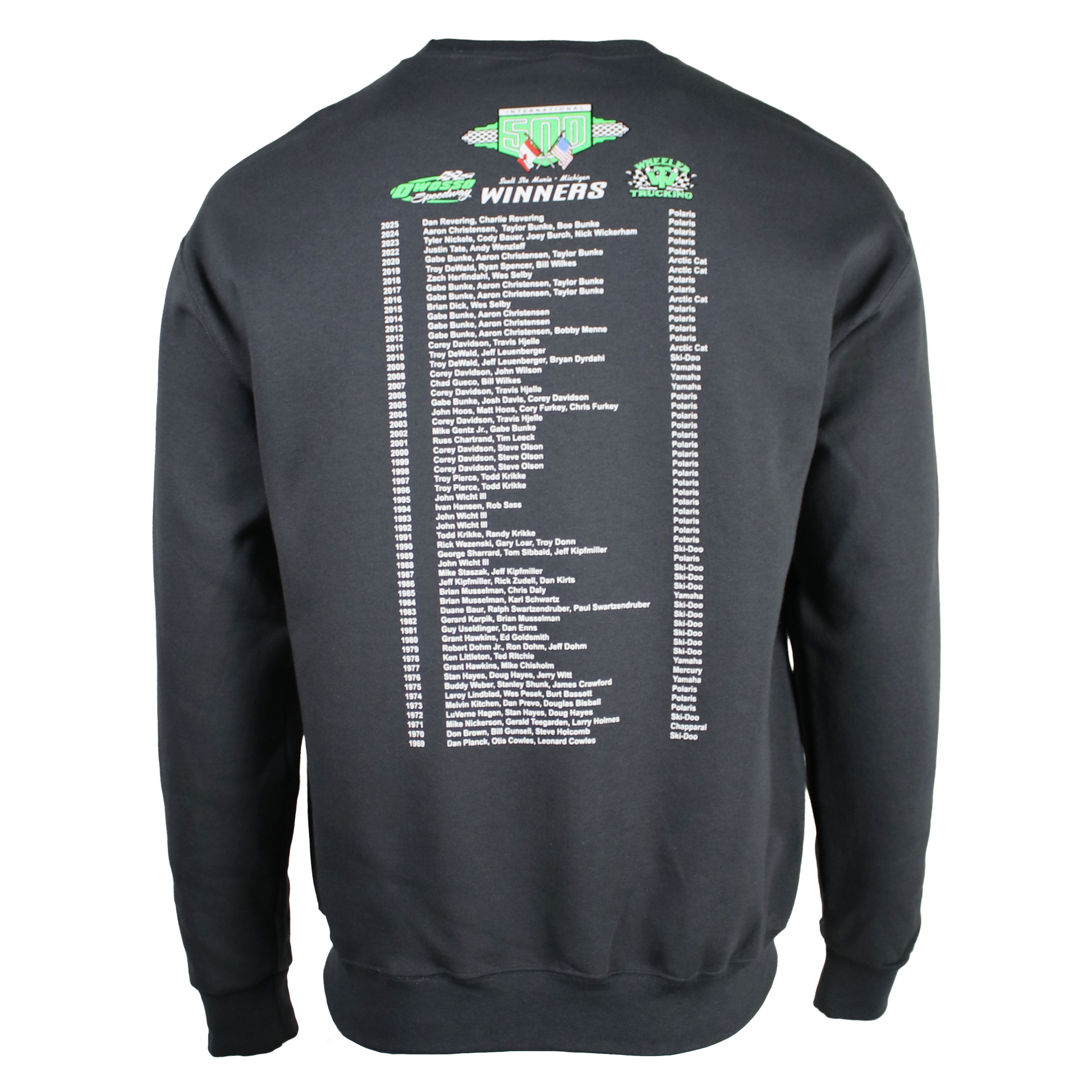 A dark grey crewneck sweatshirt with a list of snowmobile race winners down the back. 