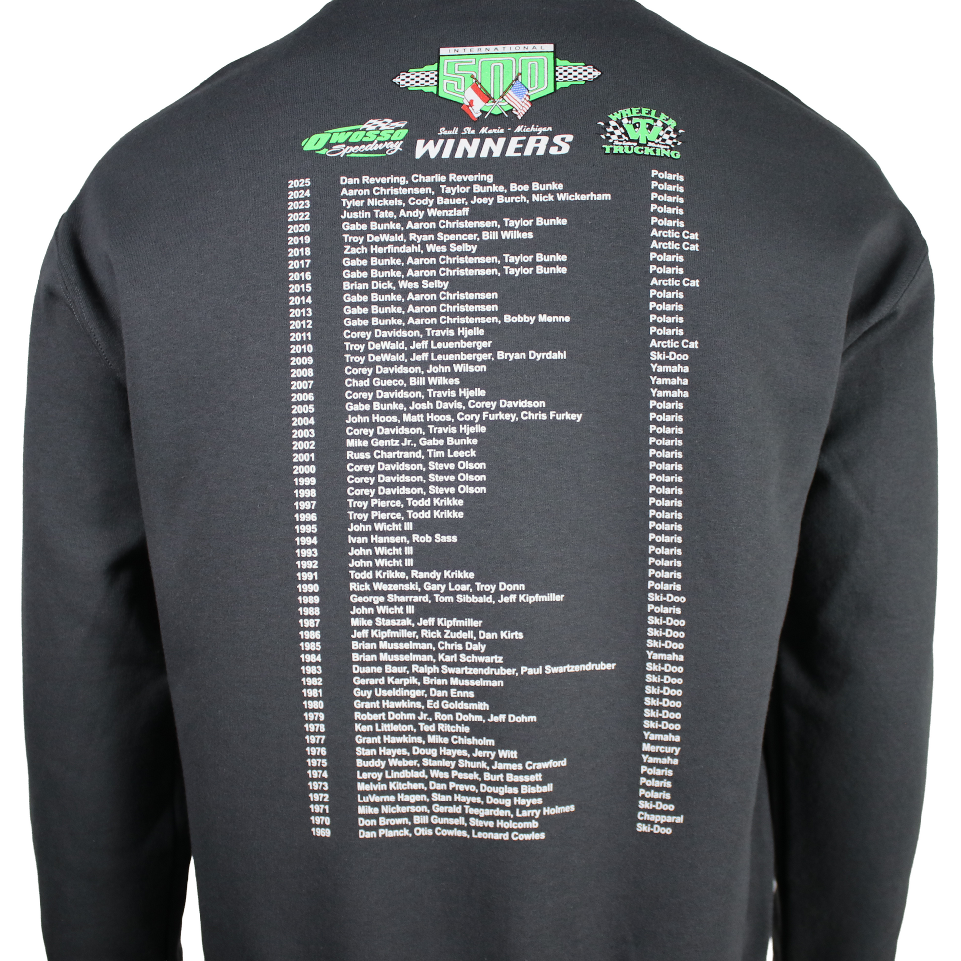 Close up of a dark grey crewneck sweatshirt with a list of snowmobile race winners down the back. 