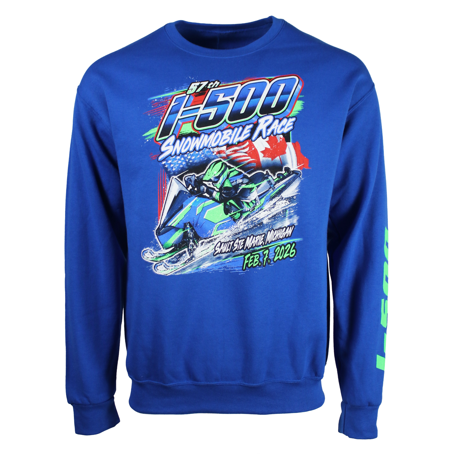 Royal blue crewneck sweatshirt with a snowmobile race graphic on the front with the text 'I-500 snowmobile Race, Sault Ste. Marie, Michigan, February 7th, 2026'.