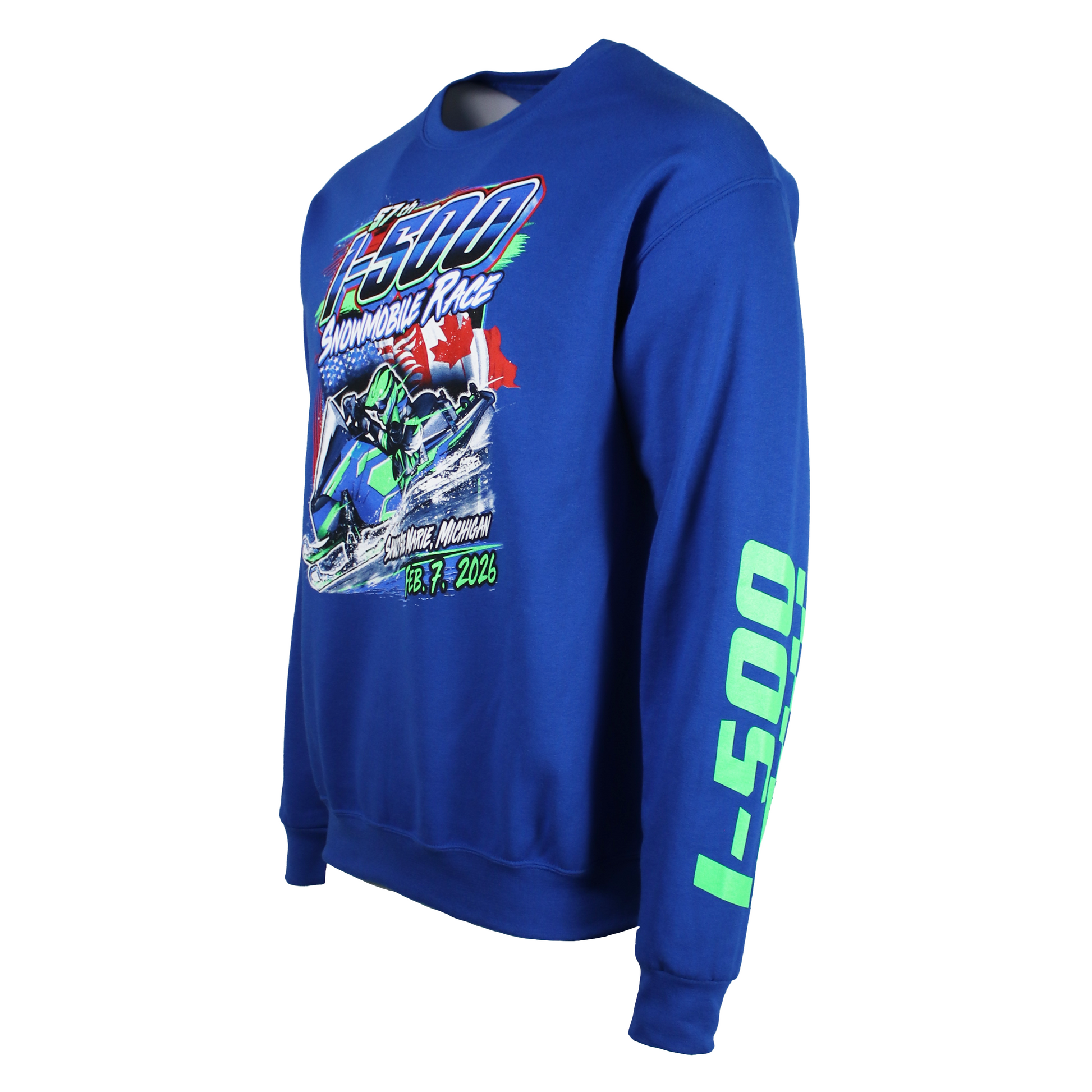 Side of a royal blue crewneck sweatshirt with a snowmobile race graphic on the front and a green I-500 logo on the sleeve. 