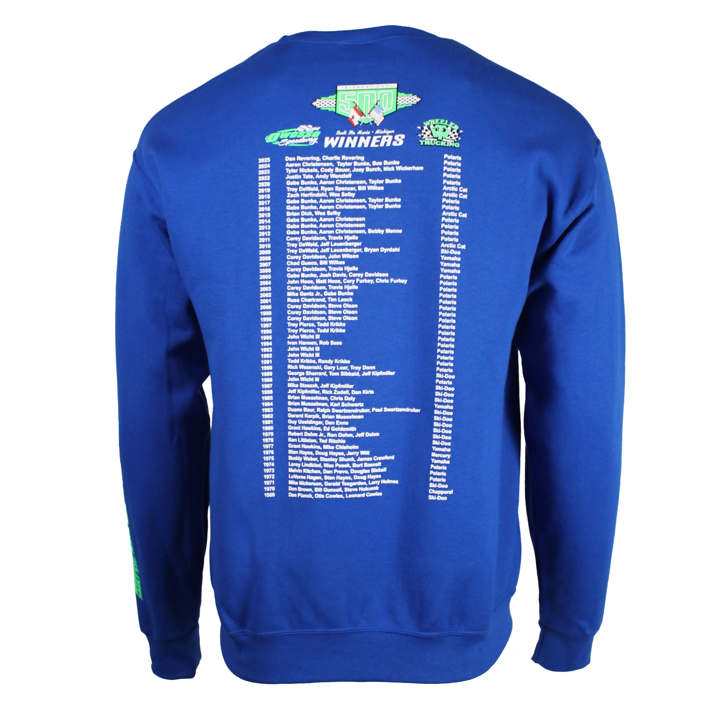 A royal blue crewneck sweatshirt with a list of snowmobile race winners down the back. 