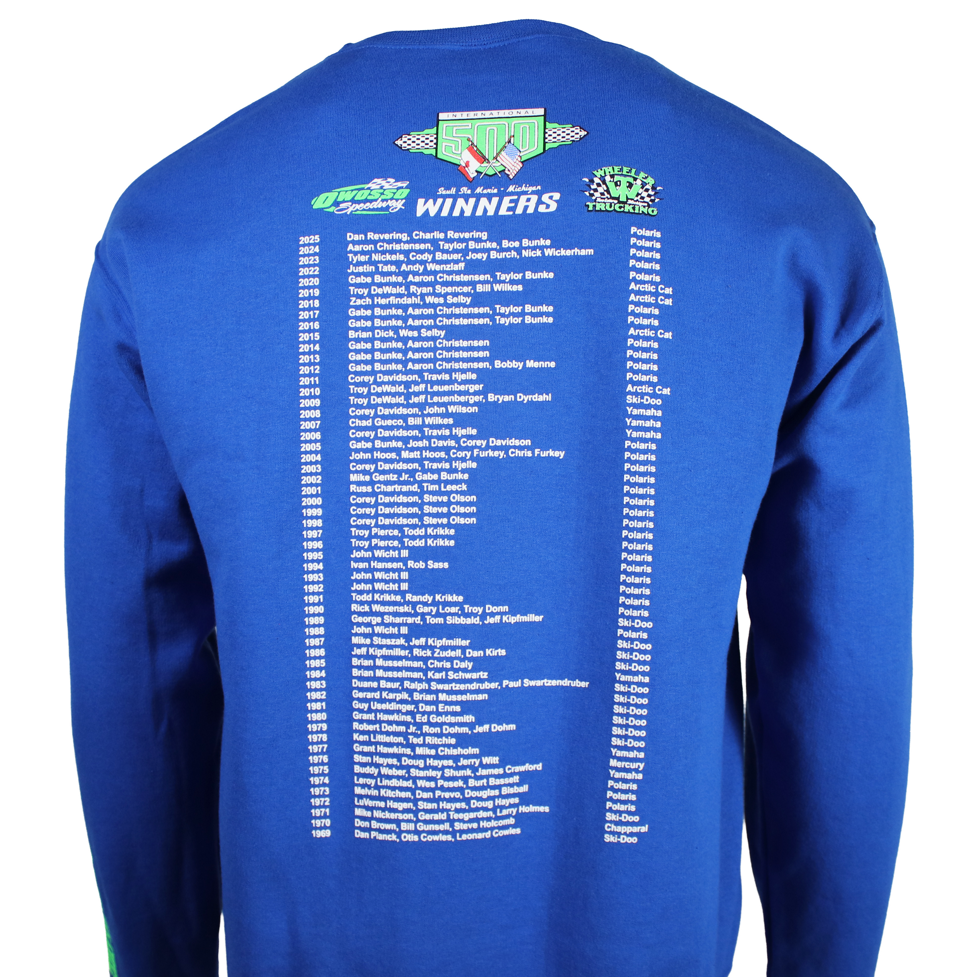 Close up of a royal blue crewneck sweatshirt with a list of snowmobile race winners down the back. 