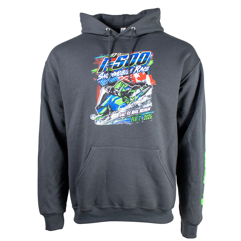 Gray hoodie with colorful I-500 snowmobile graphic on the front.