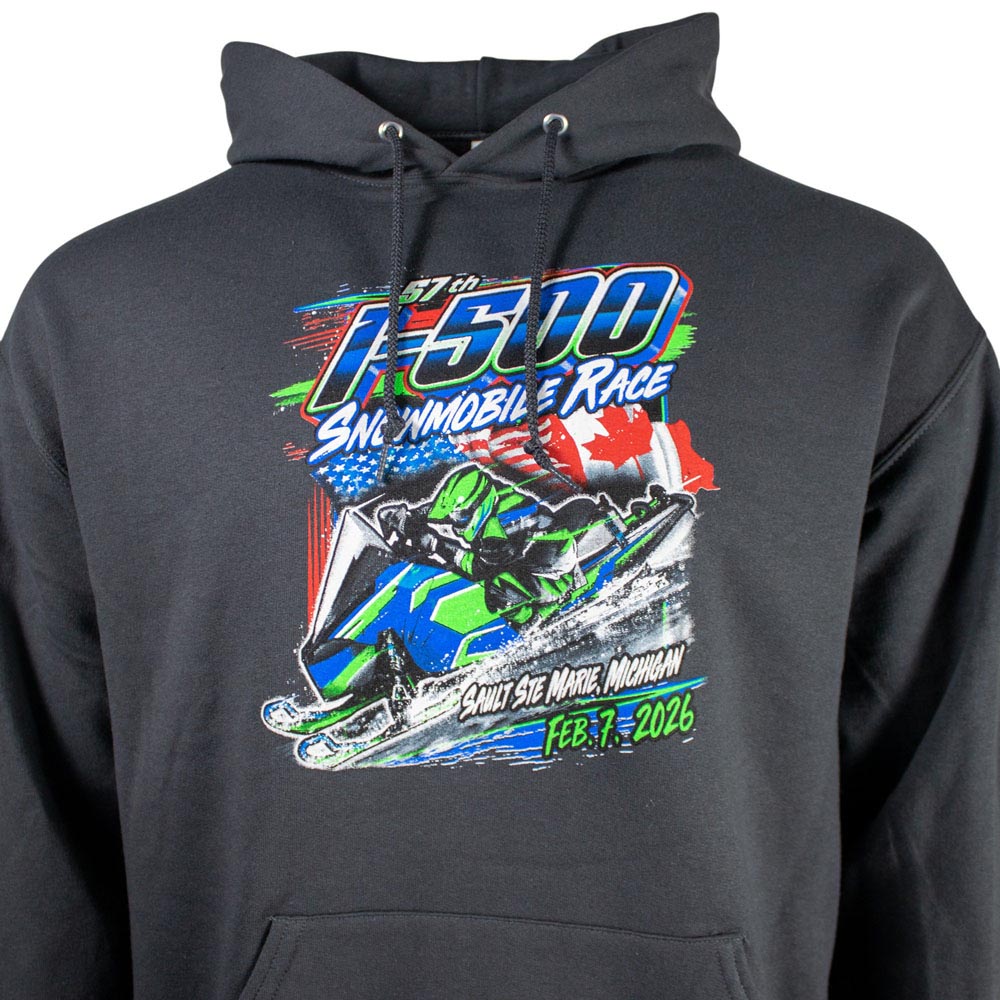 Close up of the front of a gray hoodie with colorful I-500 snowmobile graphic.