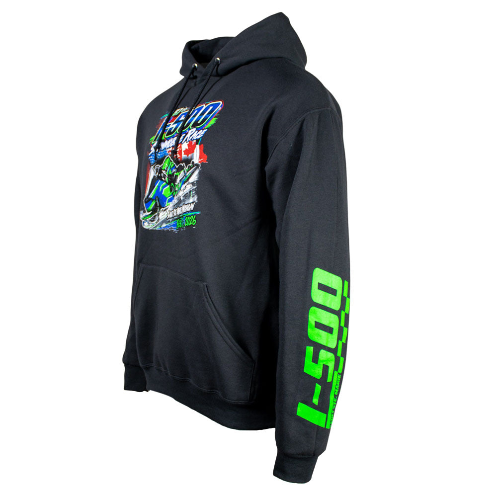 Side of a gray hoodie with colorful I-500 snowmobile graphic on the front and a green I-500 logo on the left sleeve.