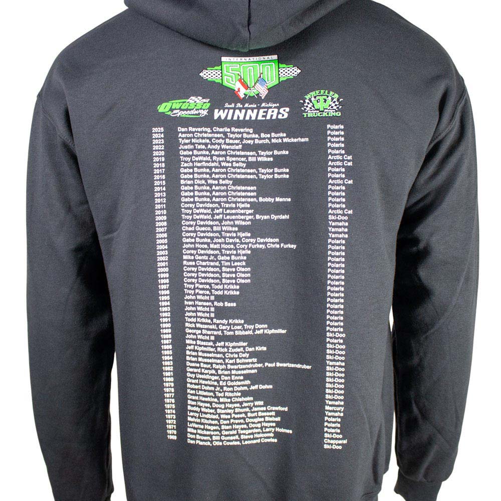 Close up of the back of a gray hoodie with list of the I-500 race winners.