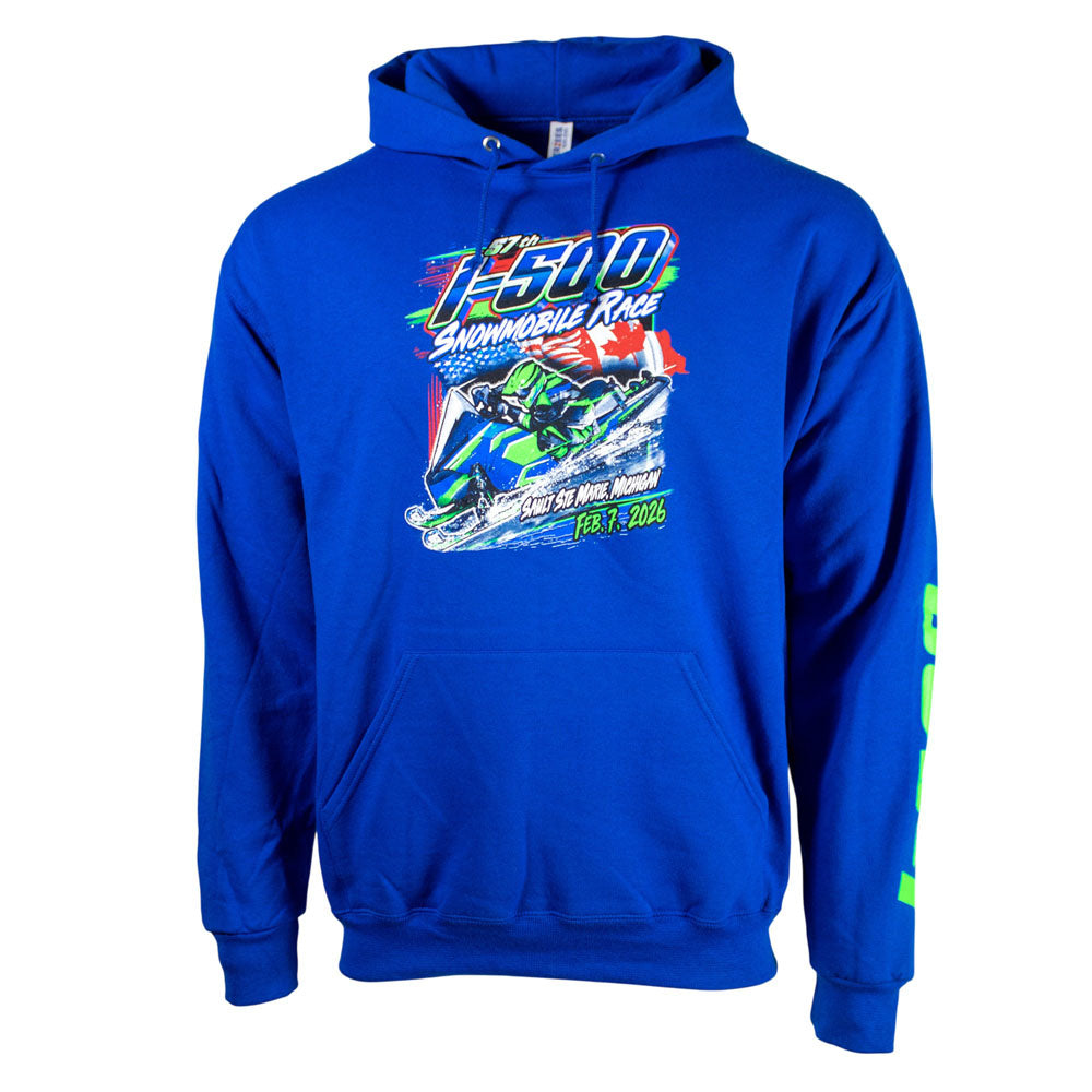 Royal blue hoodie with colorful I-500 snowmobile graphic on the front.