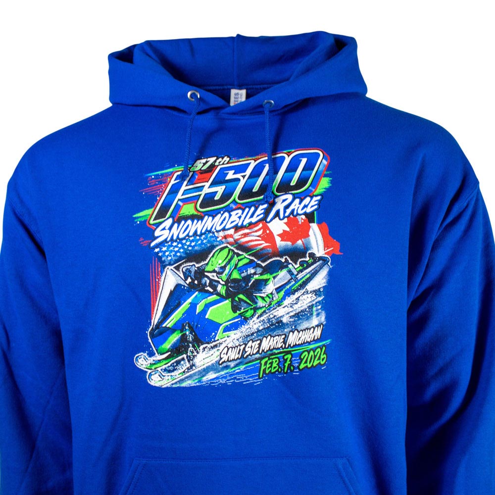 Close up of the front of a royal blue hoodie with colorful I-500 snowmobile graphic.
