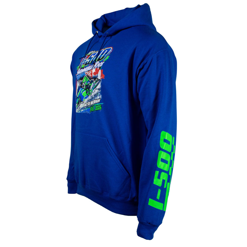Side of a royal blue hoodie with colorful I-500 snowmobile graphic on the front and a green I-500 logo on the left sleeve.