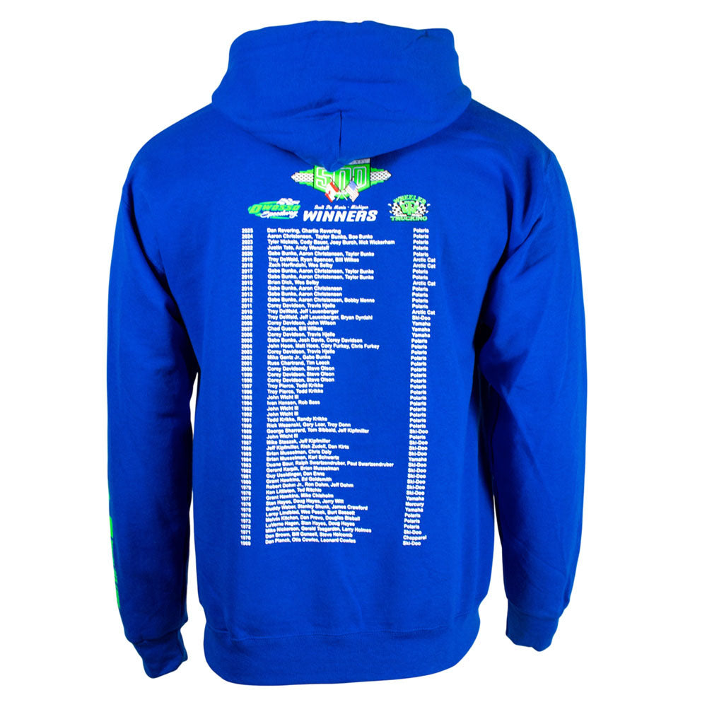 Back of a royal blue hoodie with list of the I-500 race winners.