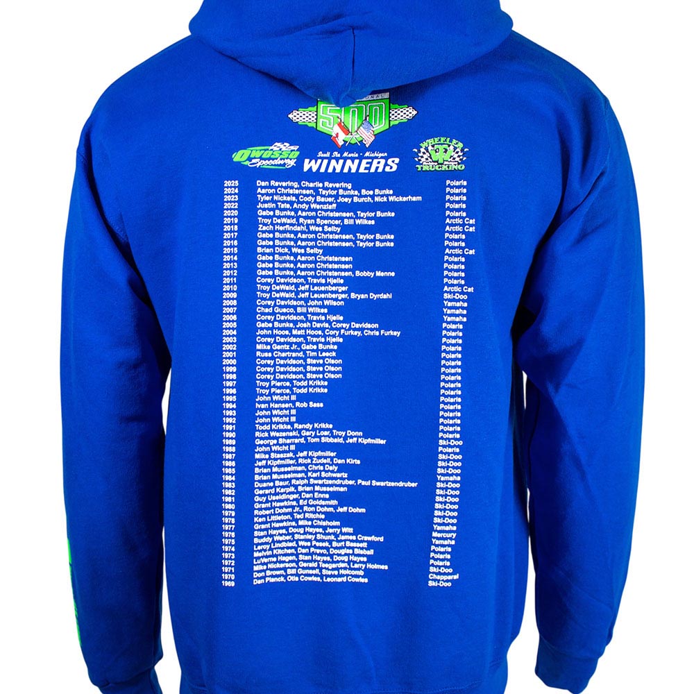 Close up of the back of a royal blue hoodie with list of the I-500 race winners.