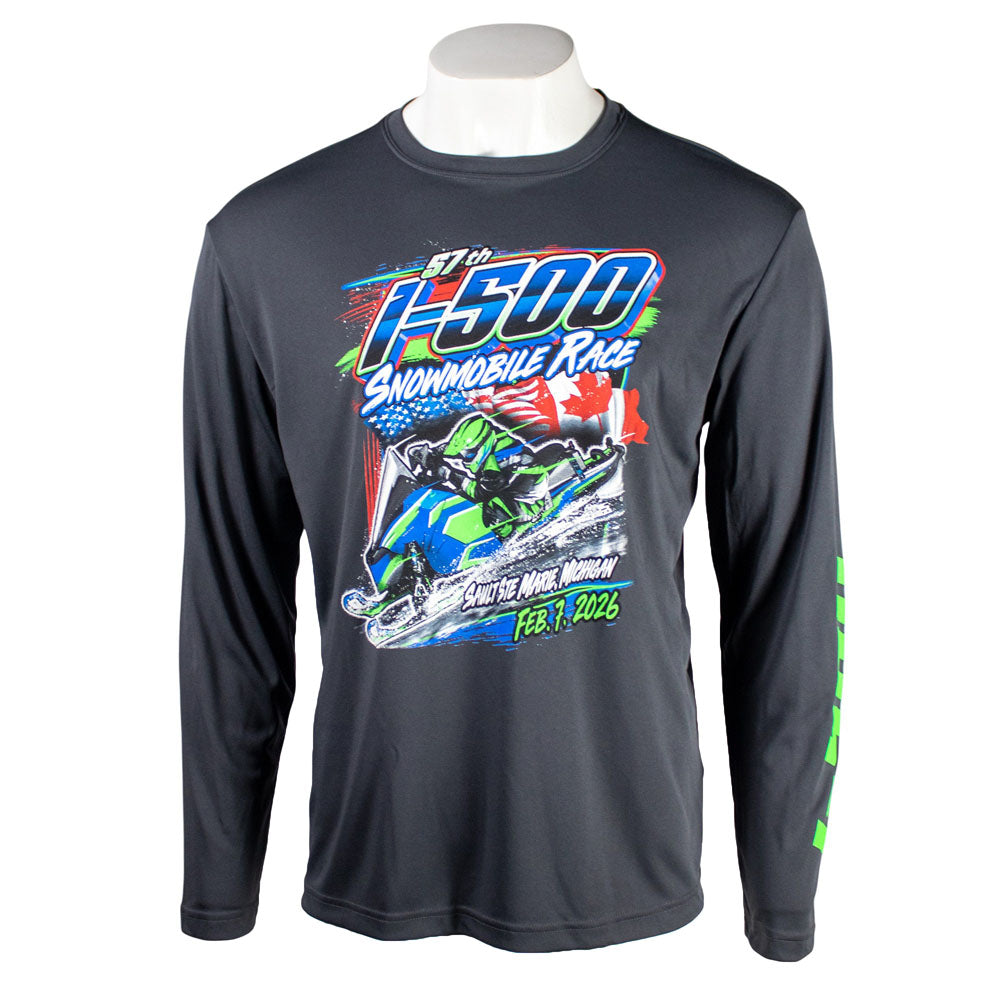 Front of a dark grey performance long sleeve with a blue and green I-500 illustration on the front. 