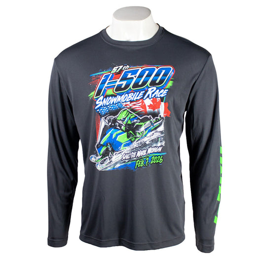 Front of a dark grey performance long sleeve with a blue and green I-500 illustration on the front. 