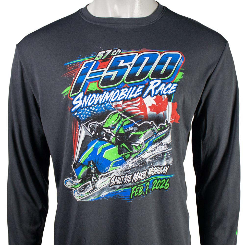 Close up of the front of a dark grey performance long sleeve with a blue and green I-500 illustration.