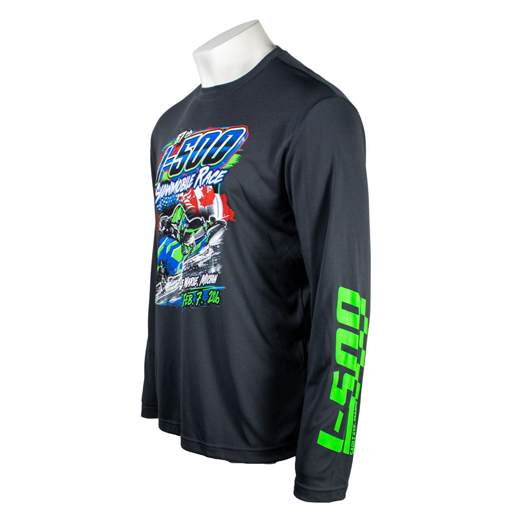 Side of a dark grey performance long sleeve with a blue and green I-500 illustration on the front and a green I-500 logo on the left sleeve.