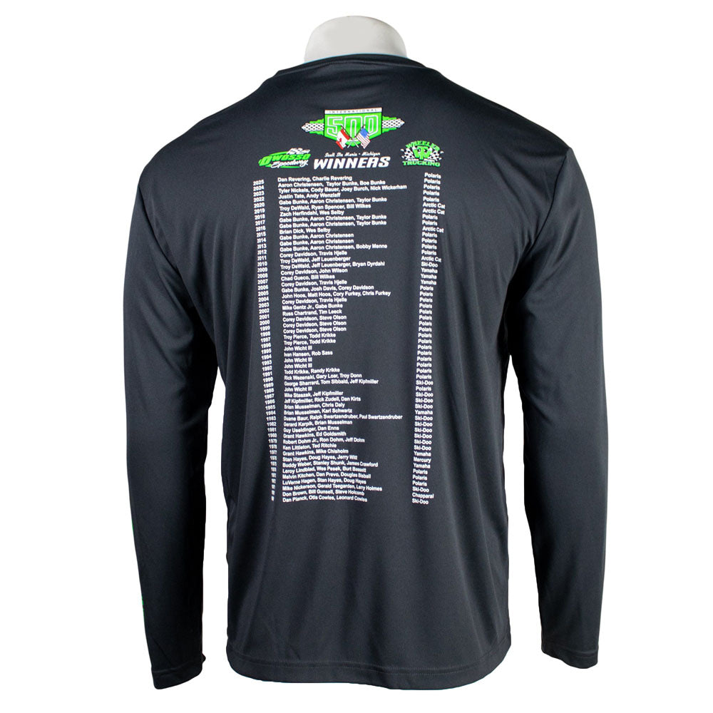Back of a dark grey performance long sleeve with the I-500 snowmobile race winners listed.