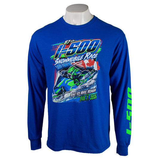 Blue long-sleeve shirt with a green and blue snowmobile race graphic on the front.