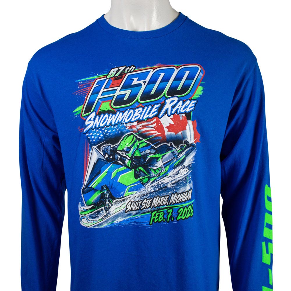 Close up of a blue long-sleeve shirt with a green and blue snowmobile race graphic on the front.