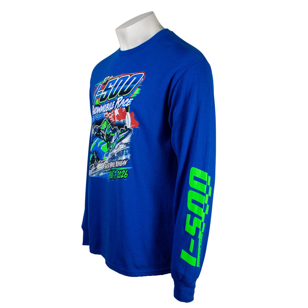 Side of a blue long-sleeve shirt with a green and blue snowmobile race graphic on the front.