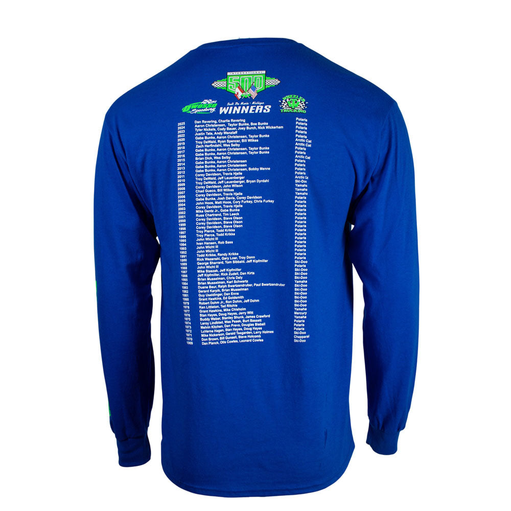 A blue long-sleeve shirt with a list of the snowmobile race winners on the back. 