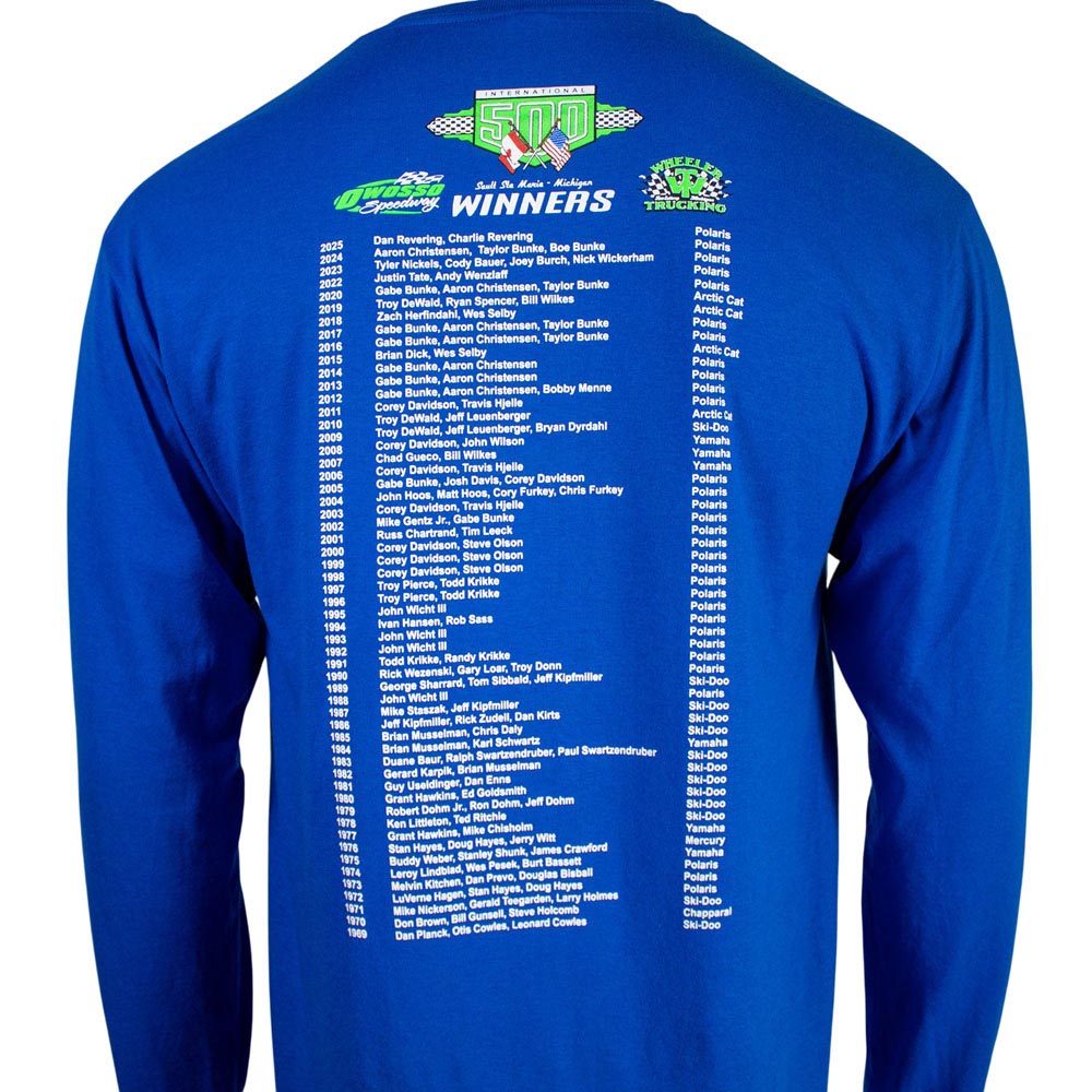 Close up of a blue long-sleeve shirt with a list of the snowmobile race winners on the back. 