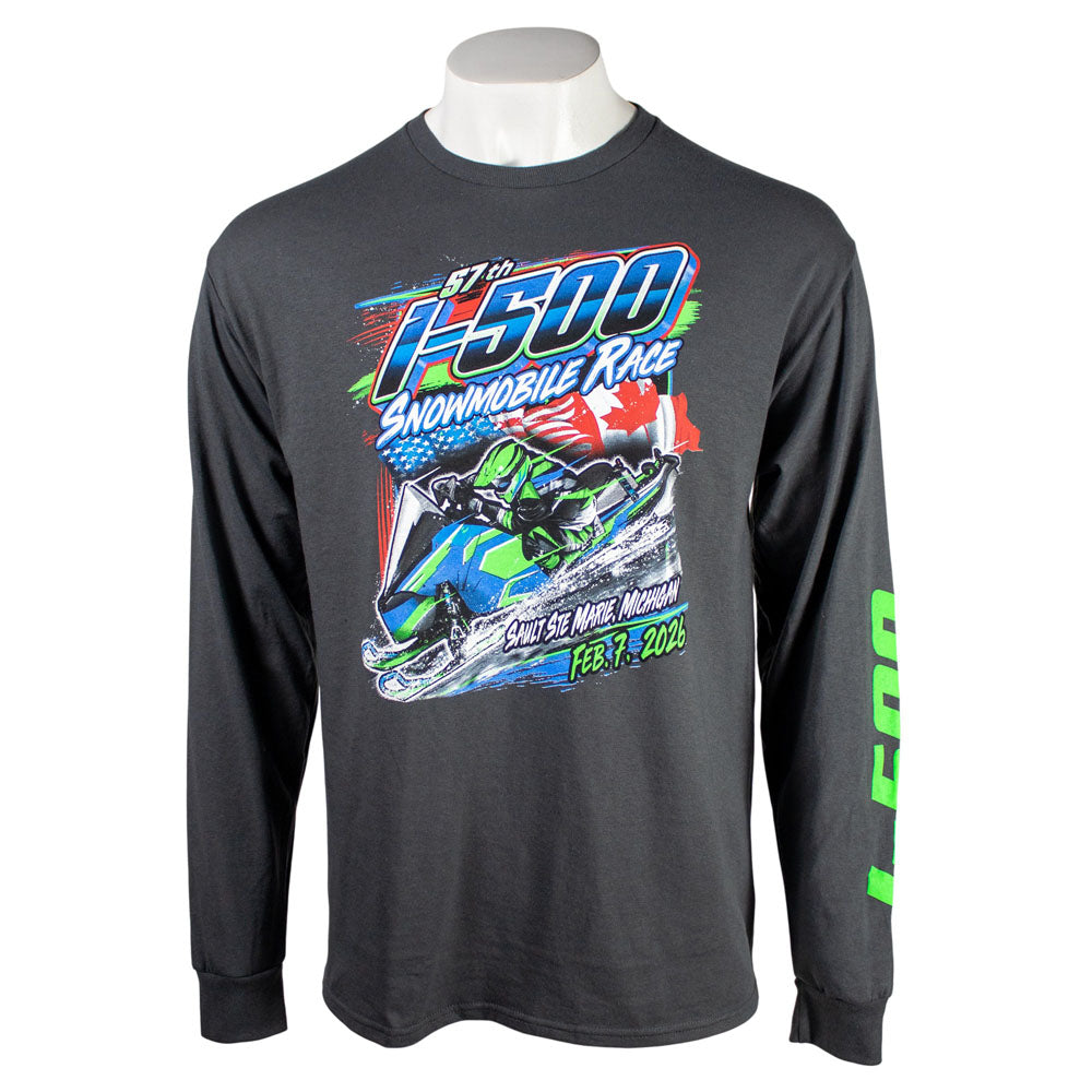 Grey long-sleeve shirt with a green and blue snowmobile race graphic on the front.