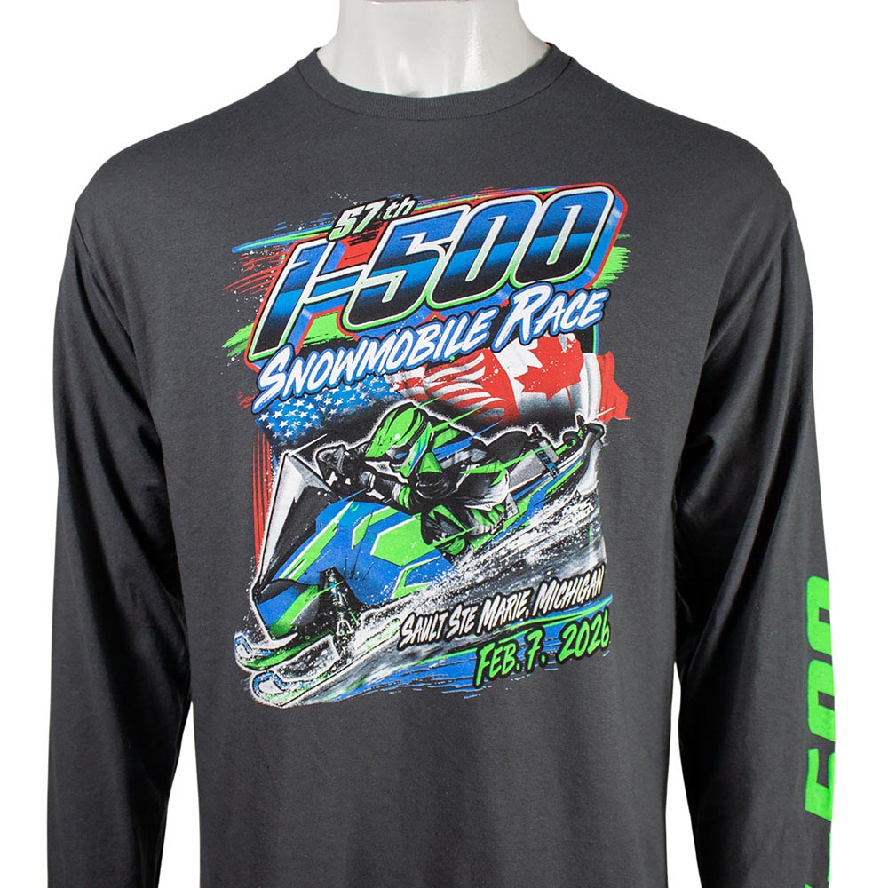 Close up of a grey long-sleeve shirt with a green and blue snowmobile race graphic on the front.