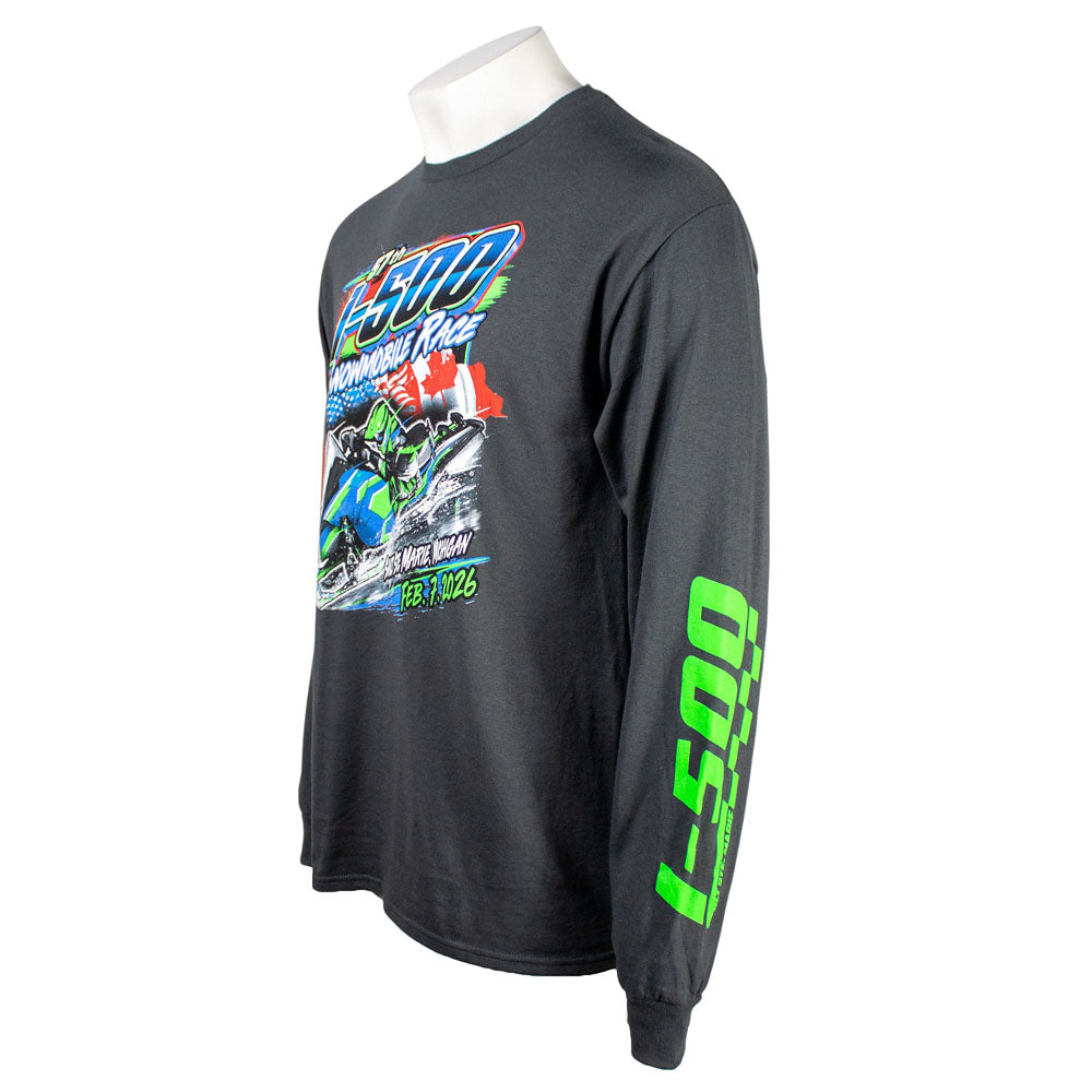 Side of a grey long-sleeve shirt with a green and blue snowmobile race graphic on the front.