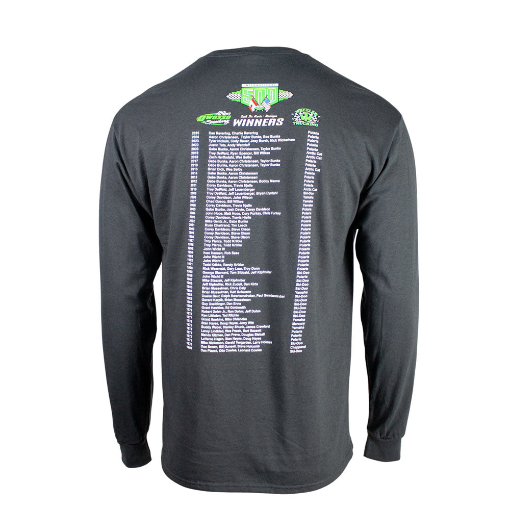 A grey long-sleeve shirt with a list of the snowmobile race winners on the back. 