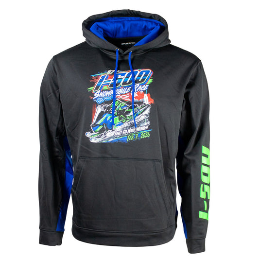 Front of a black performance hoodie with royal blue accents and an I-500 snowmobile race illustration on the front. 