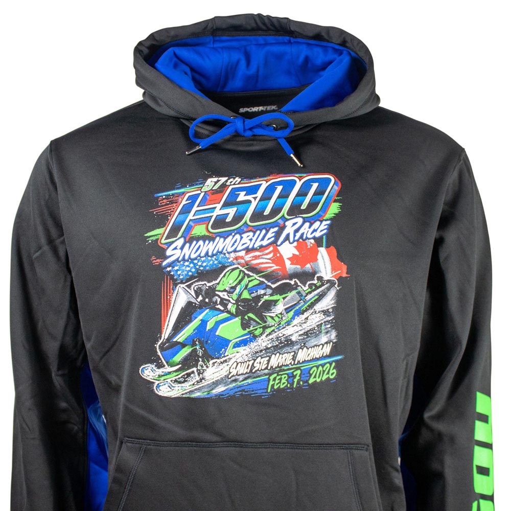 Close up of the front of a black performance hoodie with royal blue accents and an I-500 snowmobile race illustration on the front. 
