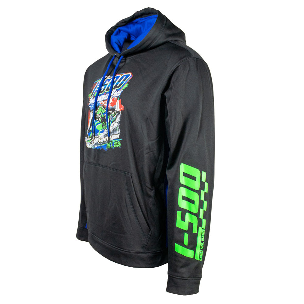 Side of a black performance hoodie with royal blue accents and an I-500 logo in green down the left sleeve. 