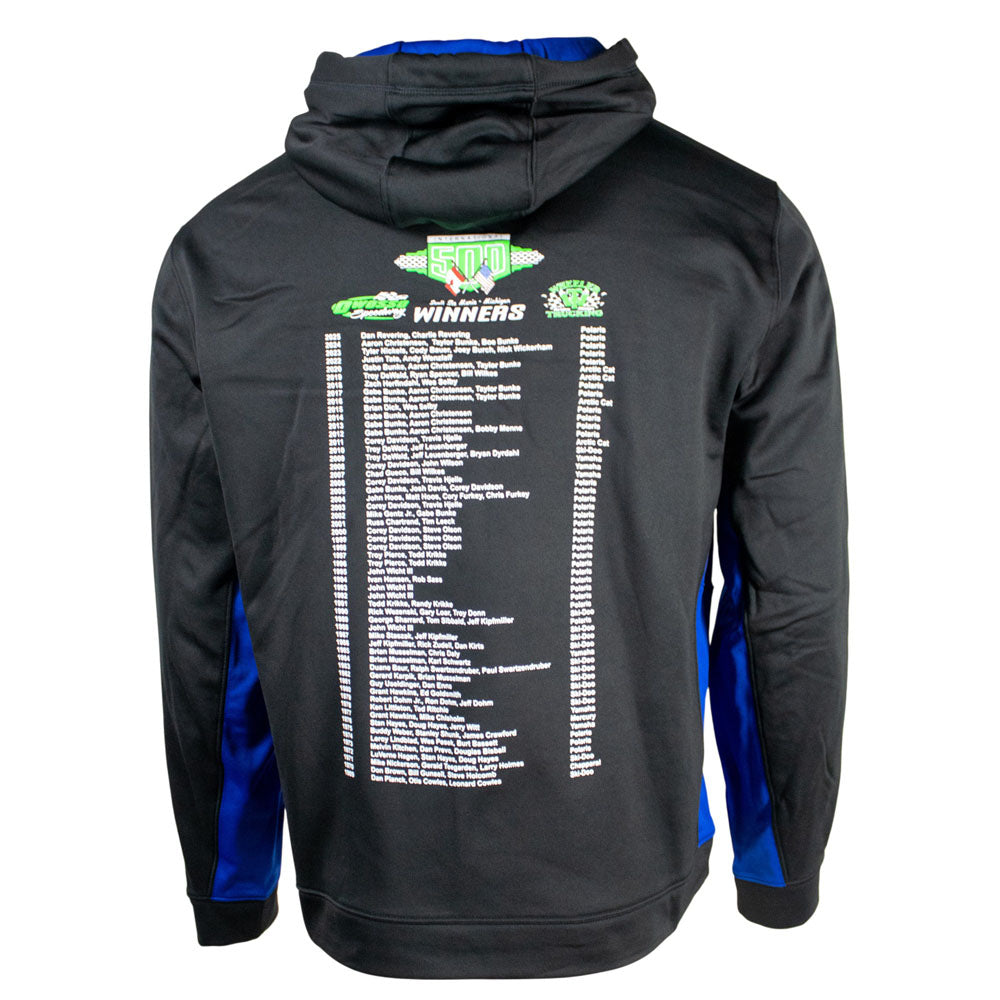 A black performance hoodie with royal blue accents and the I-500 snowmobile race winners listed down the back.