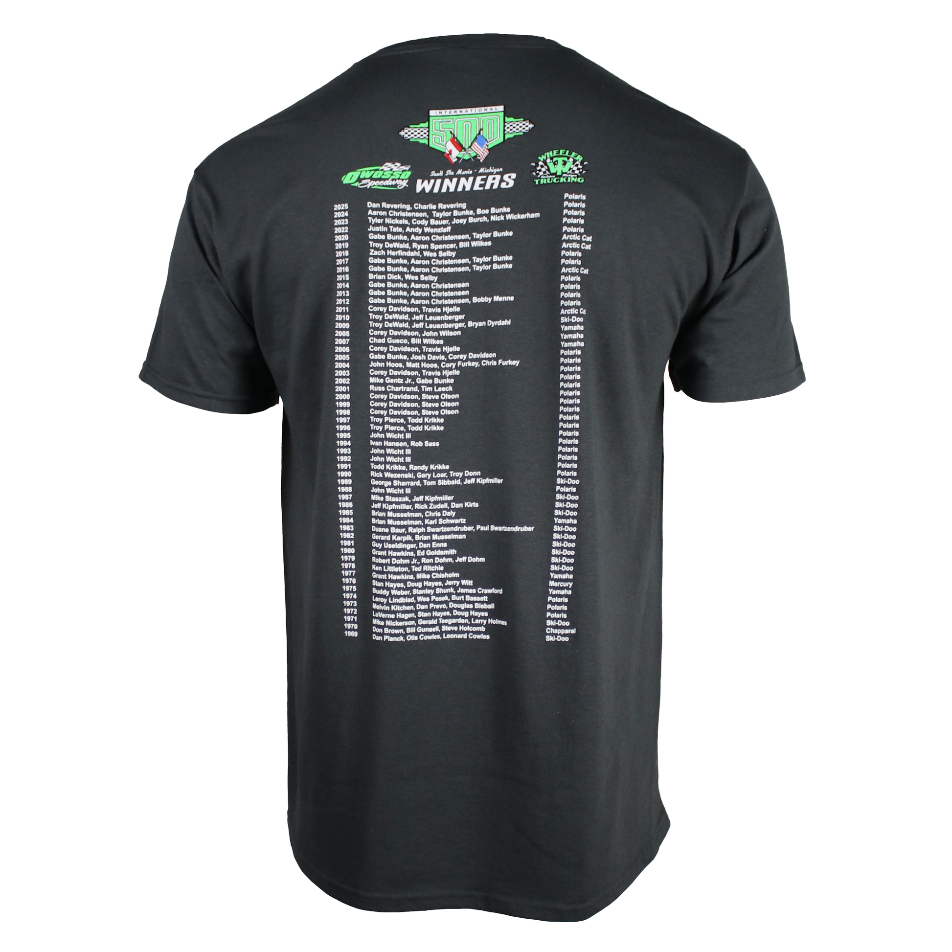 Back of a dark grey t-shirt with a list of snowmobile race winners.