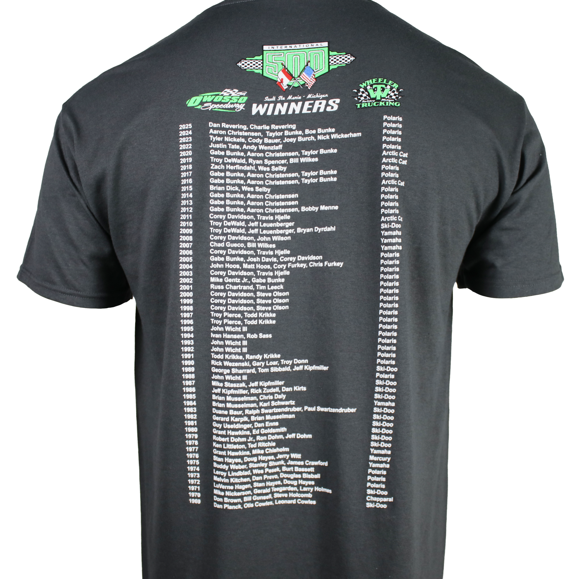 Close up of the back of a dark grey t-shirt with a list of snowmobile race winners.