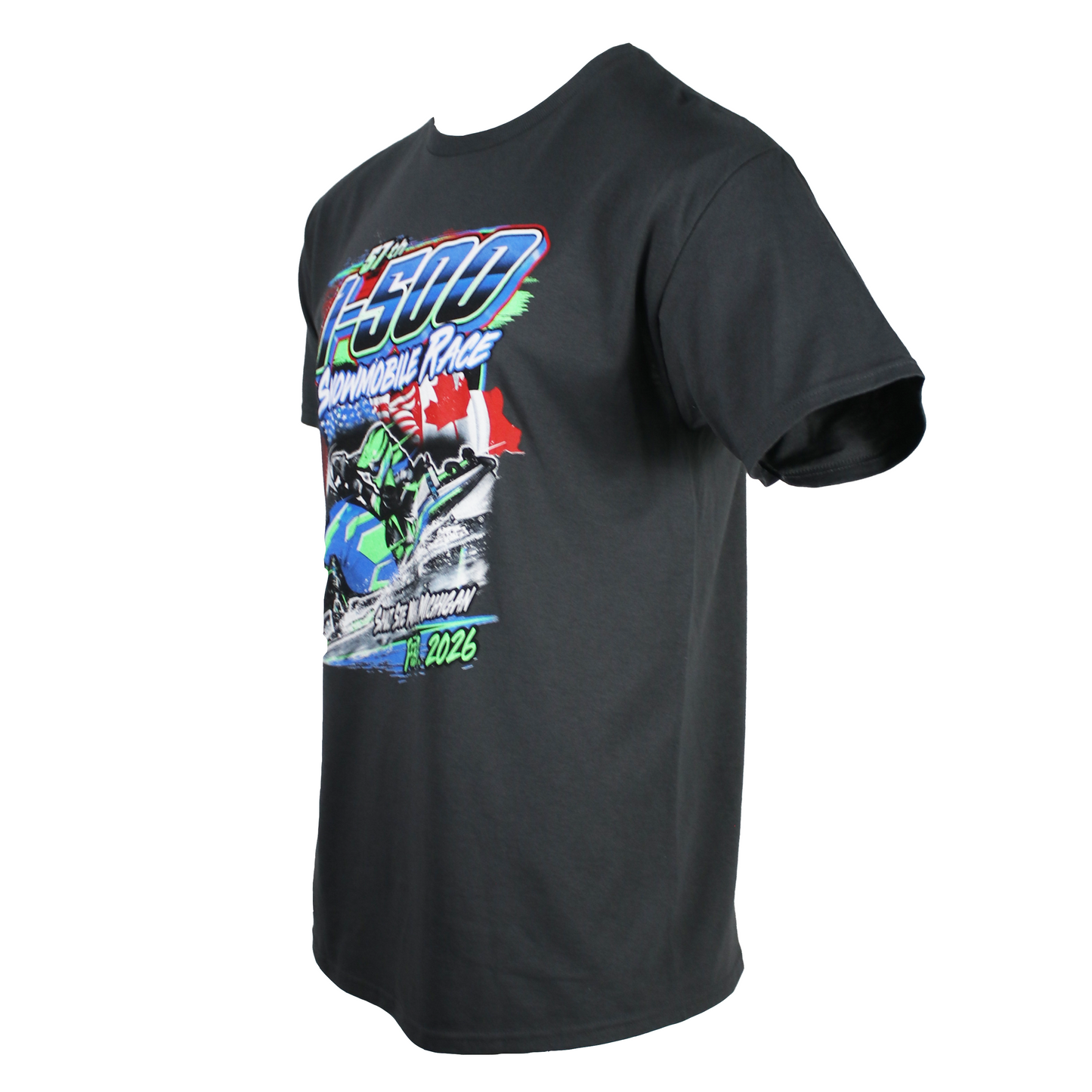 Side of a dark grey t-shirt with a snowmobile race graphic on the front.