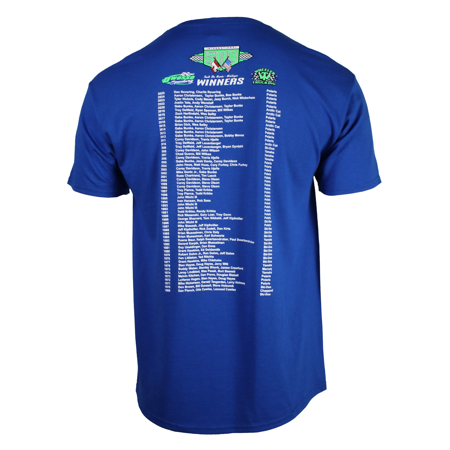 Back of a royal blue t-shirt with a list of snowmobile race winners.