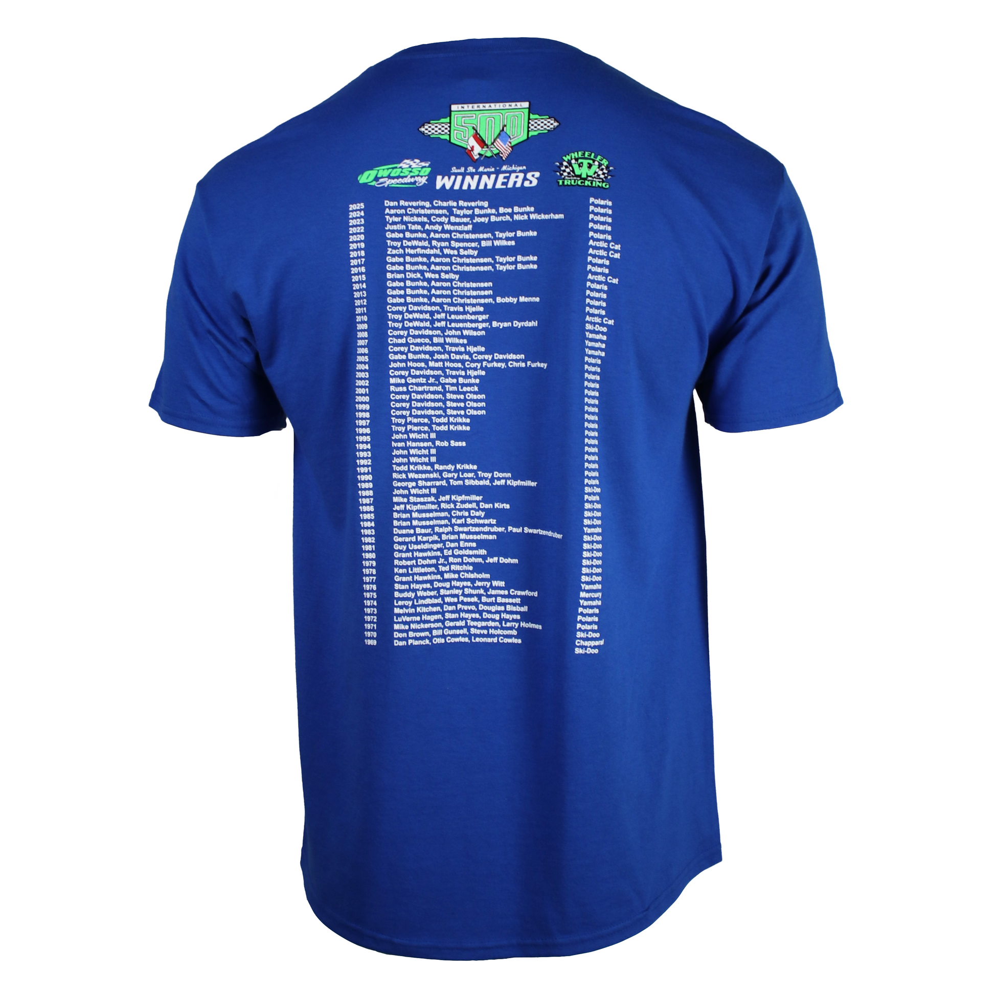 Back of a royal blue t-shirt with a list of snowmobile race winners.