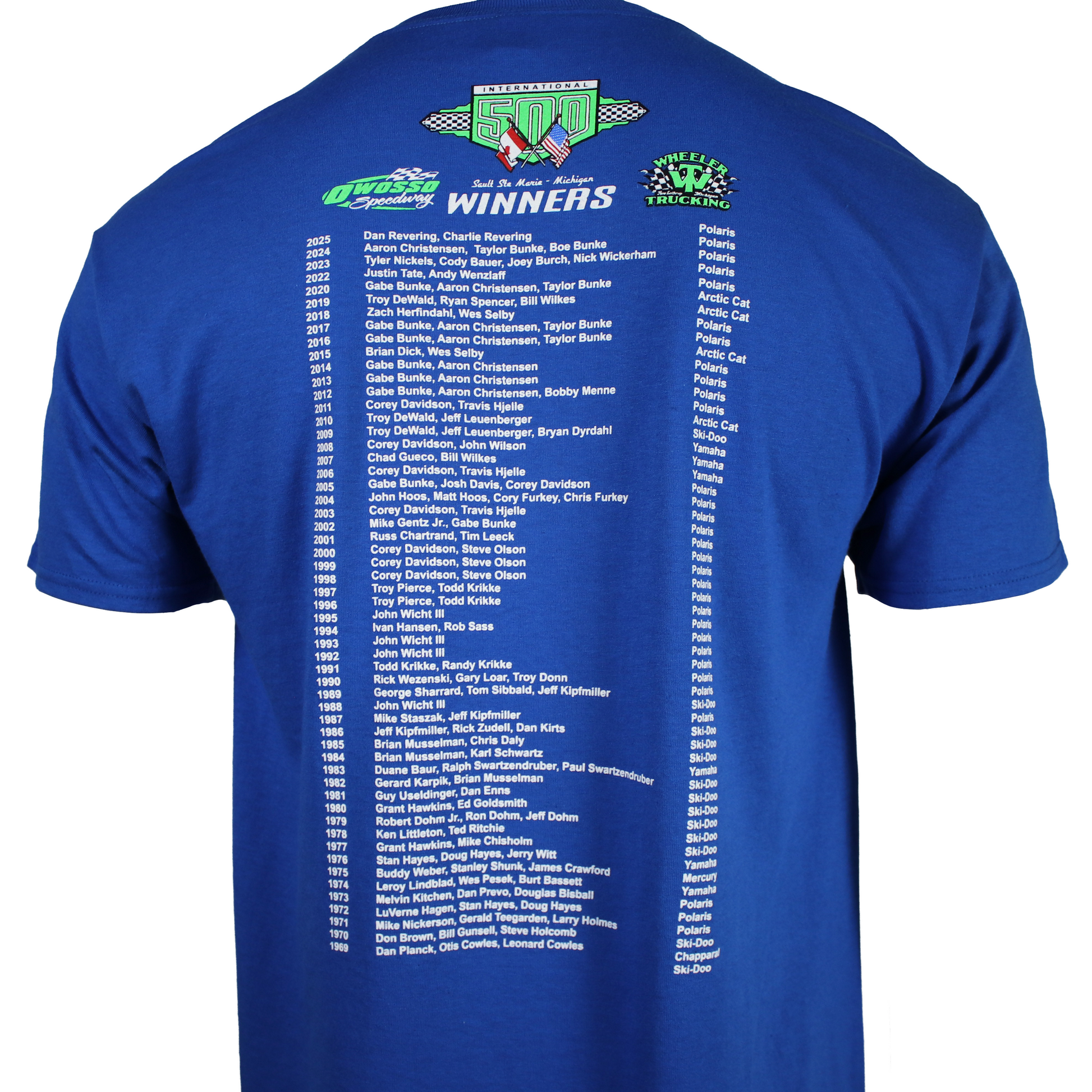 Close up of the back of a royal blue t-shirt with a list of snowmobile race winners.