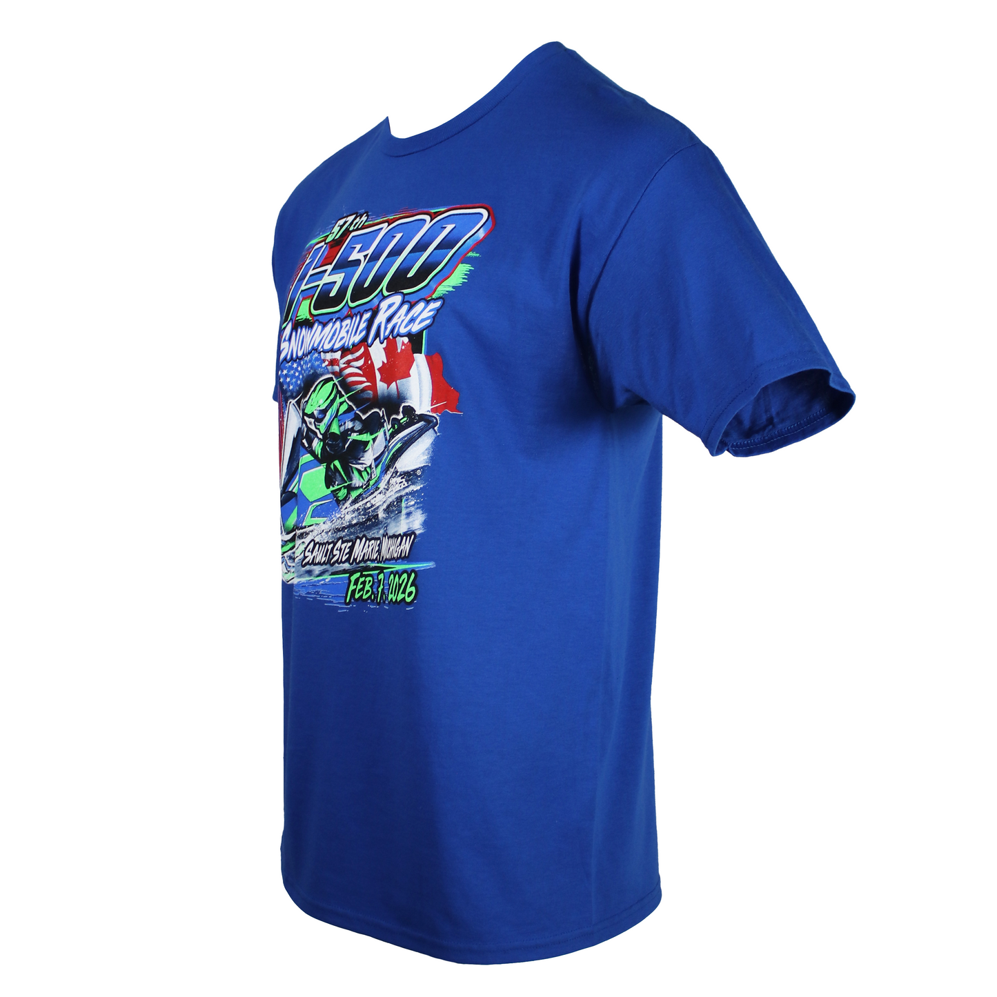 Side of a Royal blue t-shirt with a snowmobile race graphic on the front.