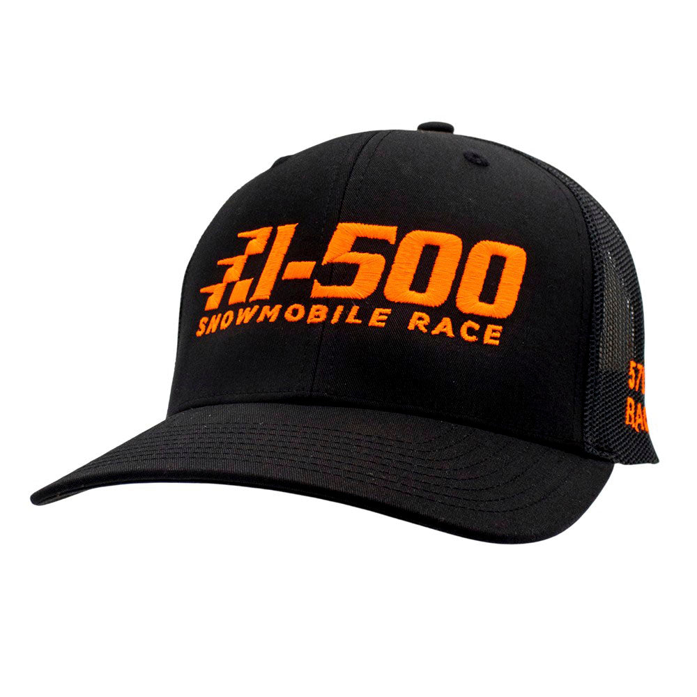 Black cap with orange text 'I-500 Snowmobile Race' on front.